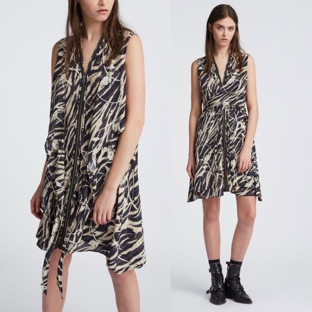 AllSaints Jayda Kazuno Dress Abstract Print Flowy Black Tan Artsy Small $260